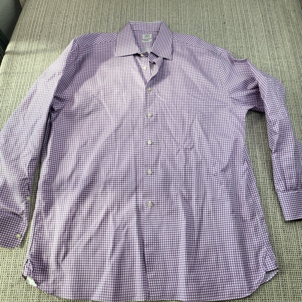 Ike Behar Shirt Mens 16.5 34/35 Purple Check Performance Non Iron Long Sleeve